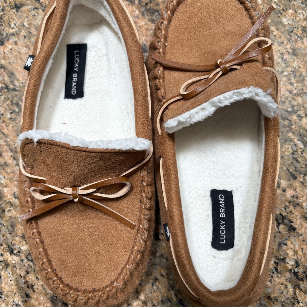 Lucky Brand Tan Suede Slippers with Fleece Lining